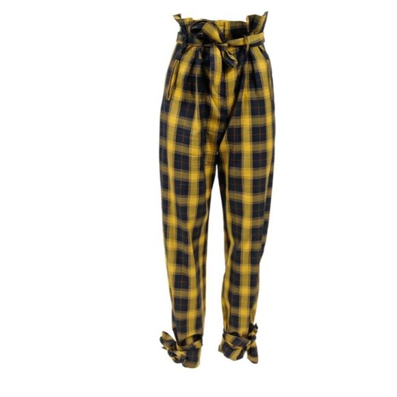 Attico Womens High Waist Pants Size 42 Yellow Plaid Cotton Belt Tie Front